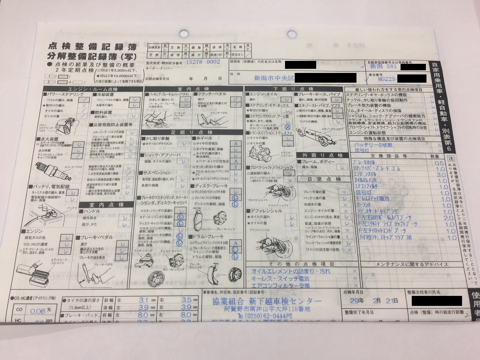 中古車　日産モコ　車検記録簿